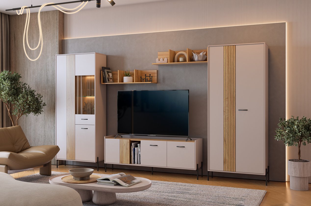 Гостиная "Доминика К6" (3452х350х1950) (кашемир/дуб крафт золотой)