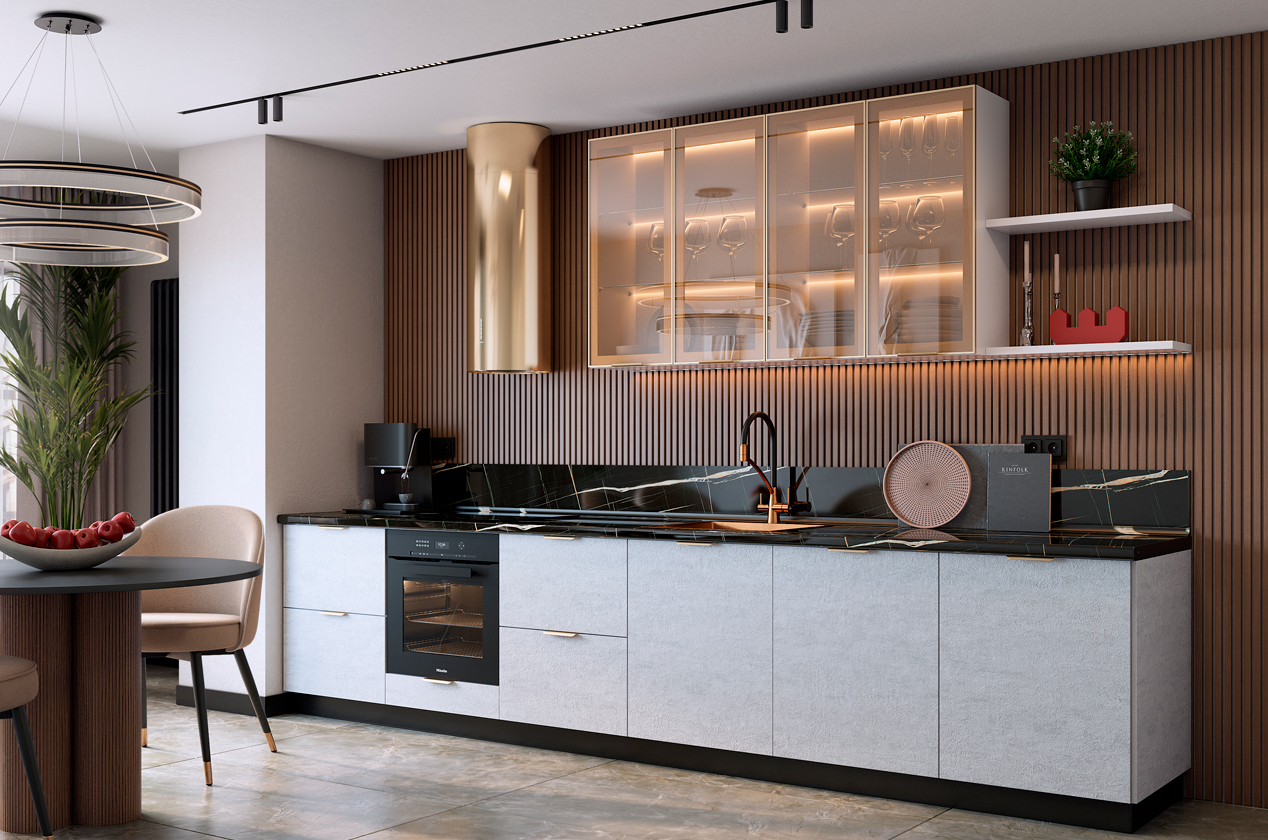 Кухонный гарнитур 7 (ширина 362х60х234,8 см) (белый/белая скала/золото матовое/зеркальная бронза)