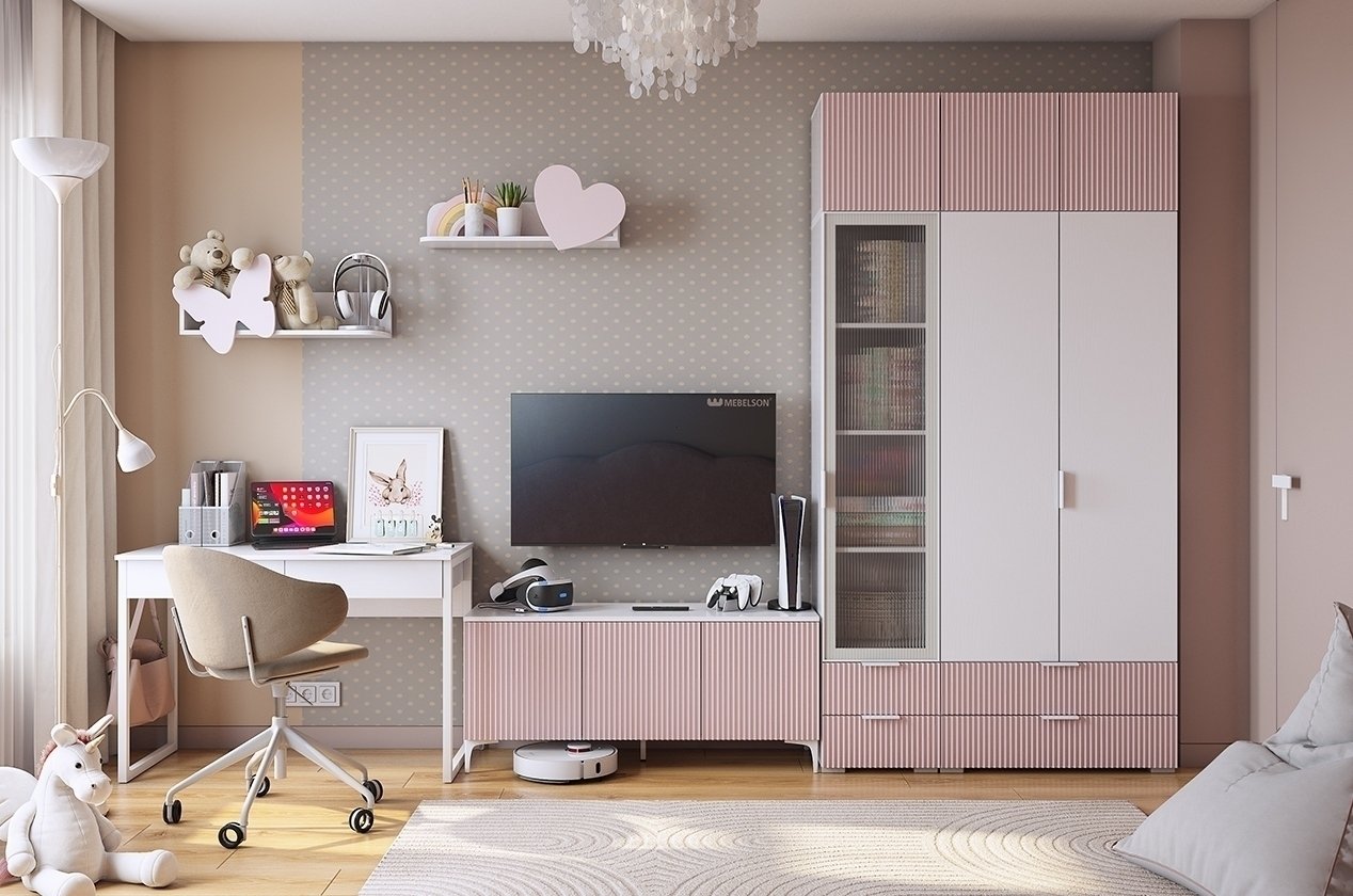 Набор детской мебели "Зефир К2" (3500х580х2300) (белое дерево/белый муар/пудра розовая (эмаль))