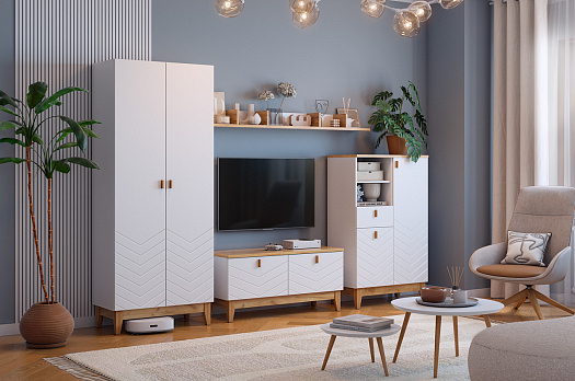 Гостиная "Хюгге К4" (2900х420х1953 мм) (белое дерево/дуб крафт золотой/белый матовый)