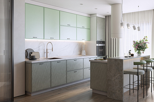 Кухонный гарнитур 4 "Монако" (ширина 342 см) (белый/ментол матовый/мрамор фицрой матовый)