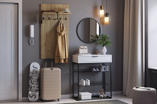 Прихожая "Мебельсон К15" (1350х334х1750) (дуб крафт золотой/белое дерево/черный муар/черный)