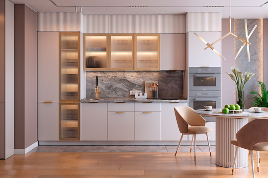 Кухонный гарнитур 8 (ширина 346х60х250,1 см) (белый/лен/милк матовый/золото матовое/бесцветное мору)